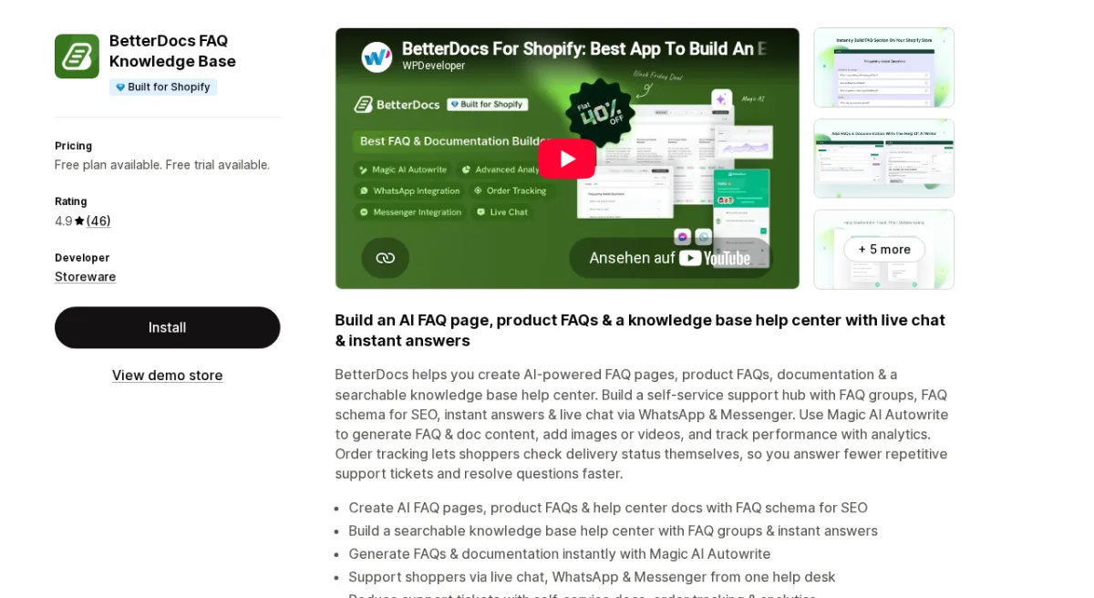 BetterDocs FAQ Knowledge Base app listing on Shopify App Store showing the app name, Built for Shopify badge, 4.9-star rating, and knowledge base interface