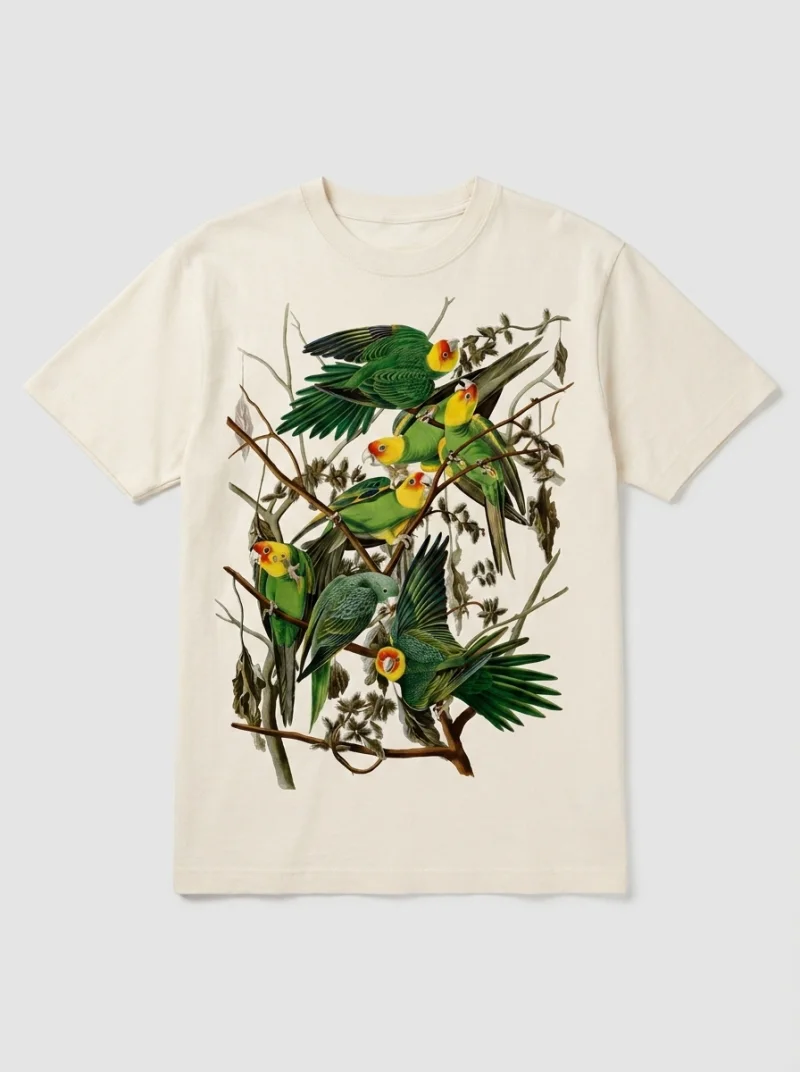 A flat-lay product photo of a natural off-white cotton t-shirt on a plain light grey background, with a vintage parakeet illustration screen printed on the chest