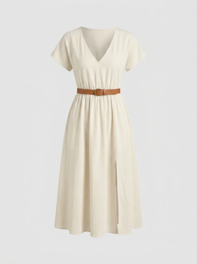 A ghost mannequin product photo of a cream washed-linen v-neck midi dress with a tan leather belt, shown filled out as if worn, on a plain light grey background
