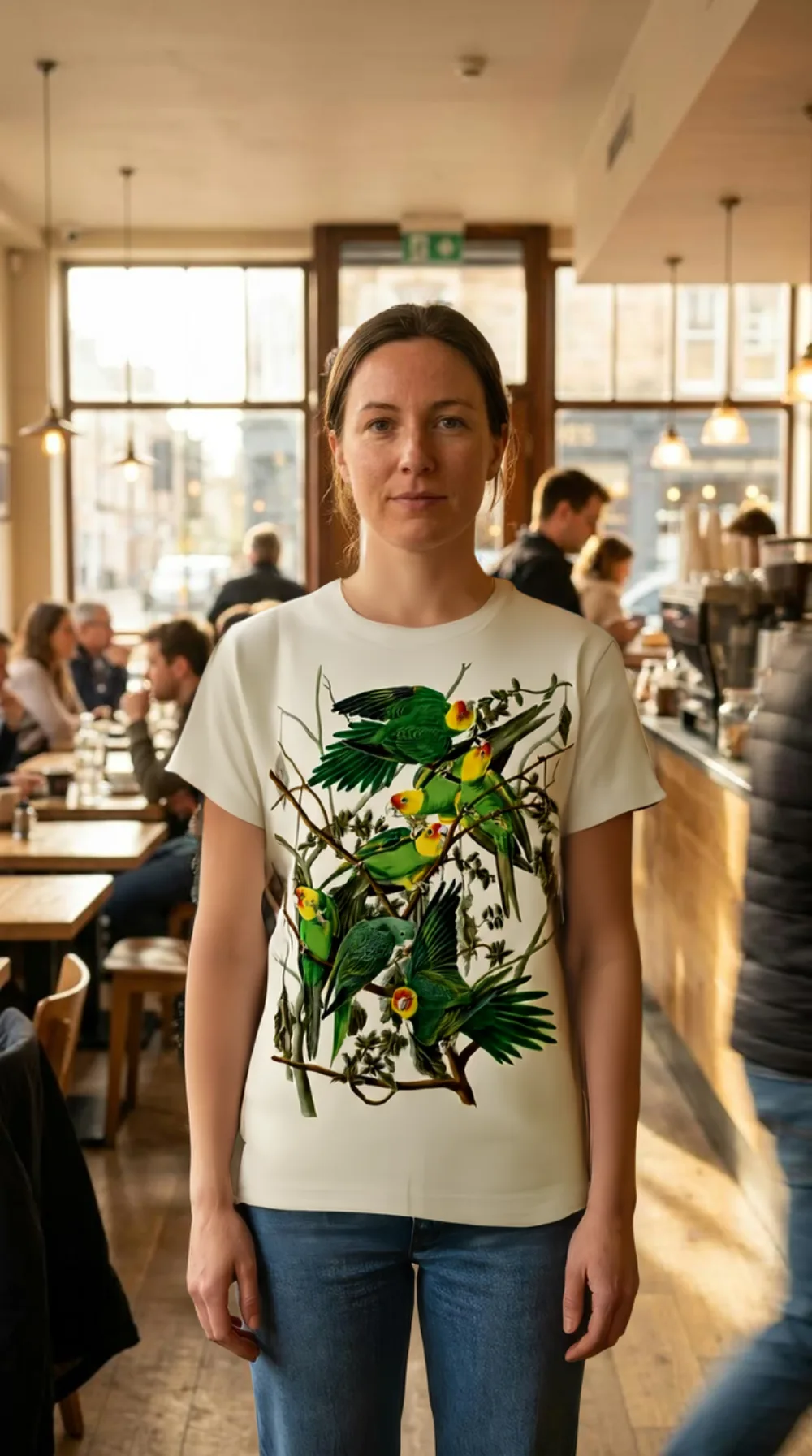 AI generated on-model shot: the same parakeet print t-shirt worn by a woman seated at a cafe table in warm indoor light