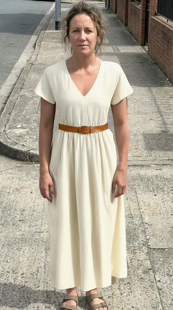 AI generated on-model shot: a woman standing on a sunlit street wearing the cream linen midi dress with the tan belt