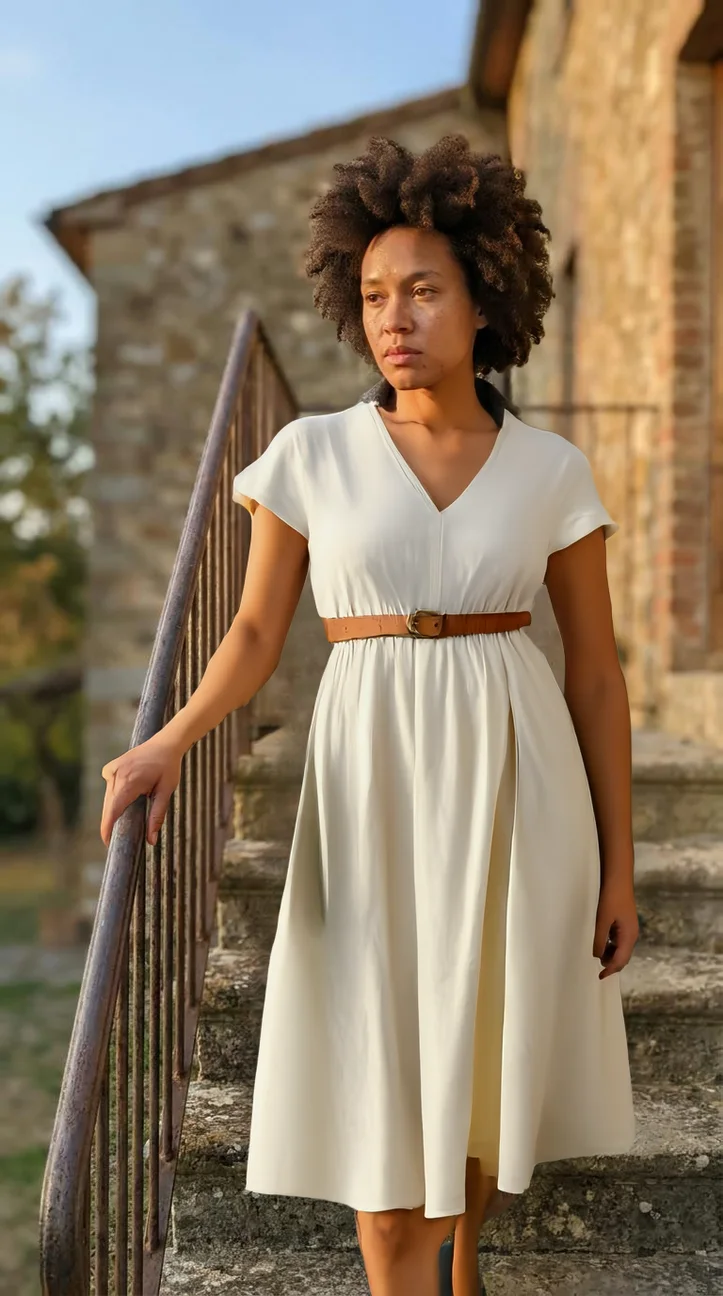 AI generated on-model shot: the same cream linen dress worn by a woman descending stone steps in golden hour light