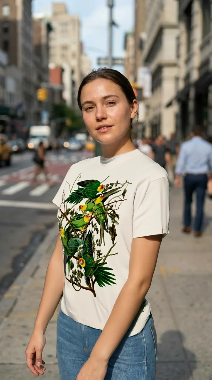 AI generated on-model shot: a woman walking down a sunlit city pavement wearing the parakeet print t-shirt with blue jeans