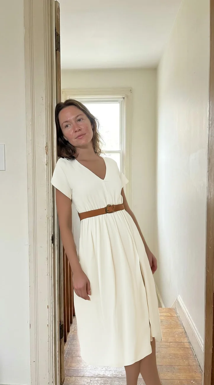 A vertical 9:16 frame from a clothing Reel: a woman leaning in a doorway wearing a cream linen midi dress with a tan belt, lit from a window behind her