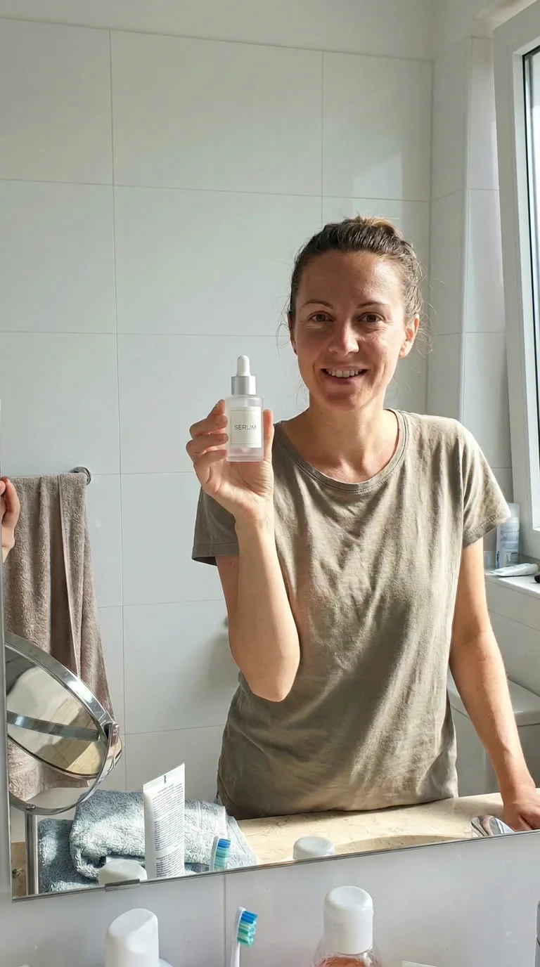 AI generated scene: a woman at a bathroom counter picking up the same serum bottle mid-routine, morning light