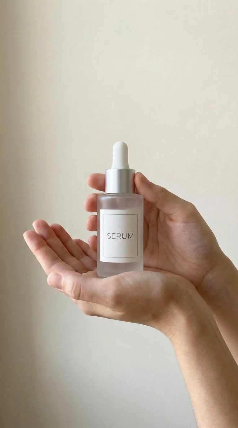 AI generated scene: the same serum bottle held between two fingers close to the camera, a hand swatch moment