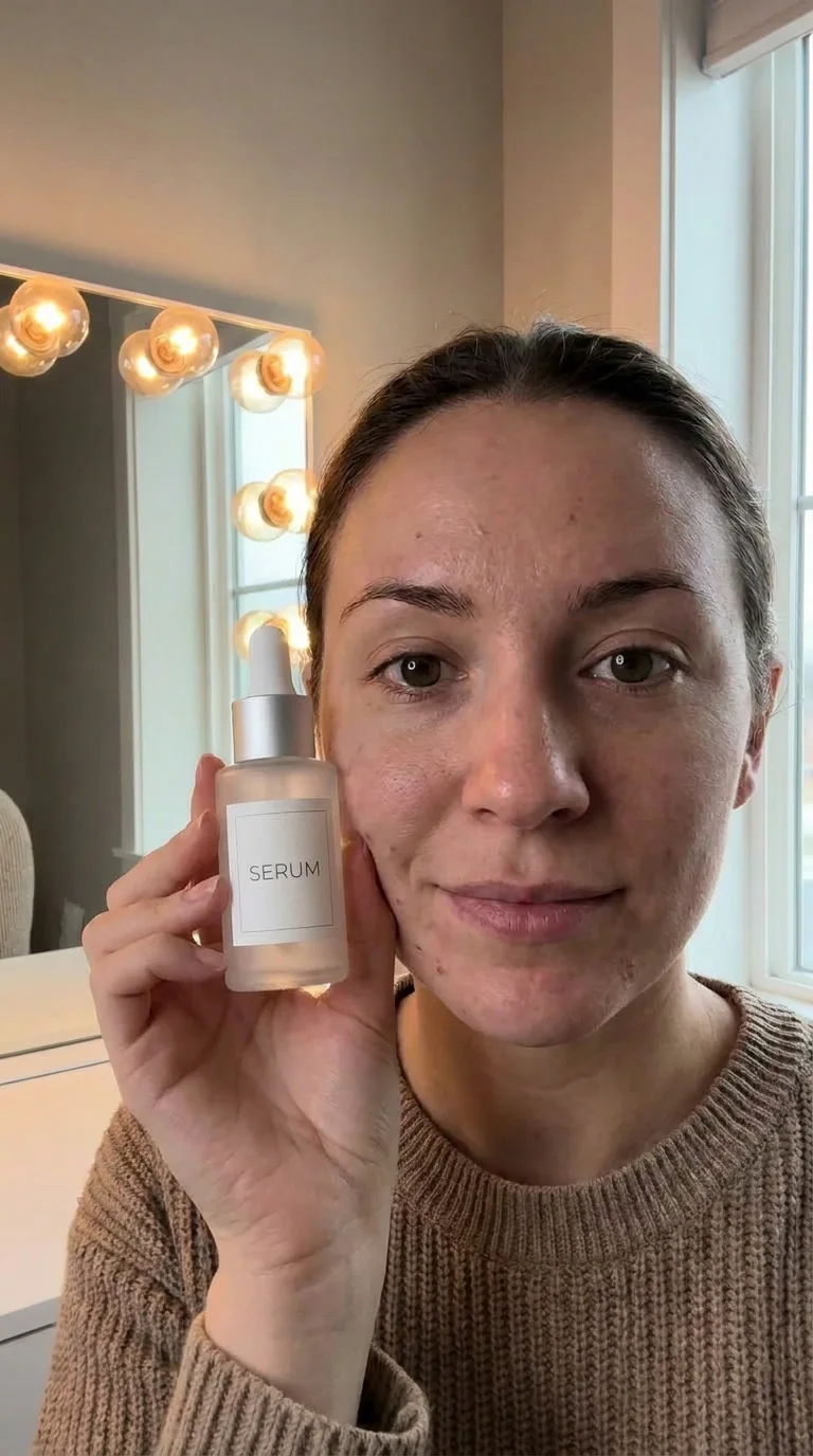 AI generated scene: the same serum bottle held beside a woman's face at a lit vanity mirror