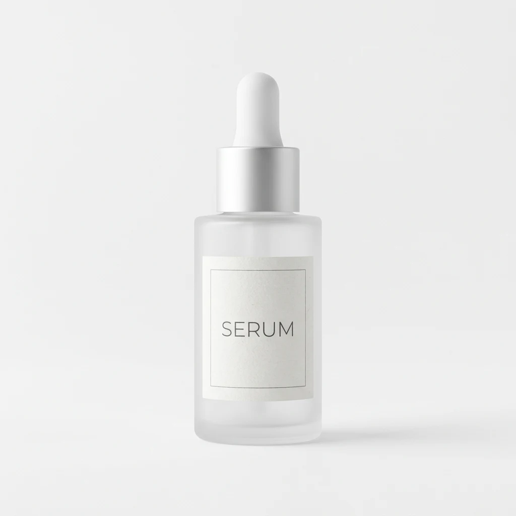 A plain, straight-on studio photo of a frosted glass serum dropper bottle, the starting point for every generated version