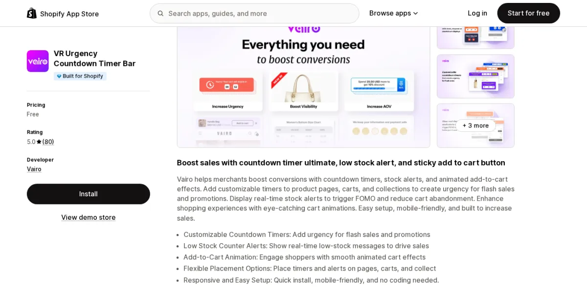 VR Urgency Countdown Timer Bar app listing on Shopify App Store showing the Built for Shopify badge, 5.0-star rating from 80 reviews, and preview of countdown timer, low stock counter, and animated add-to-cart button configurations
