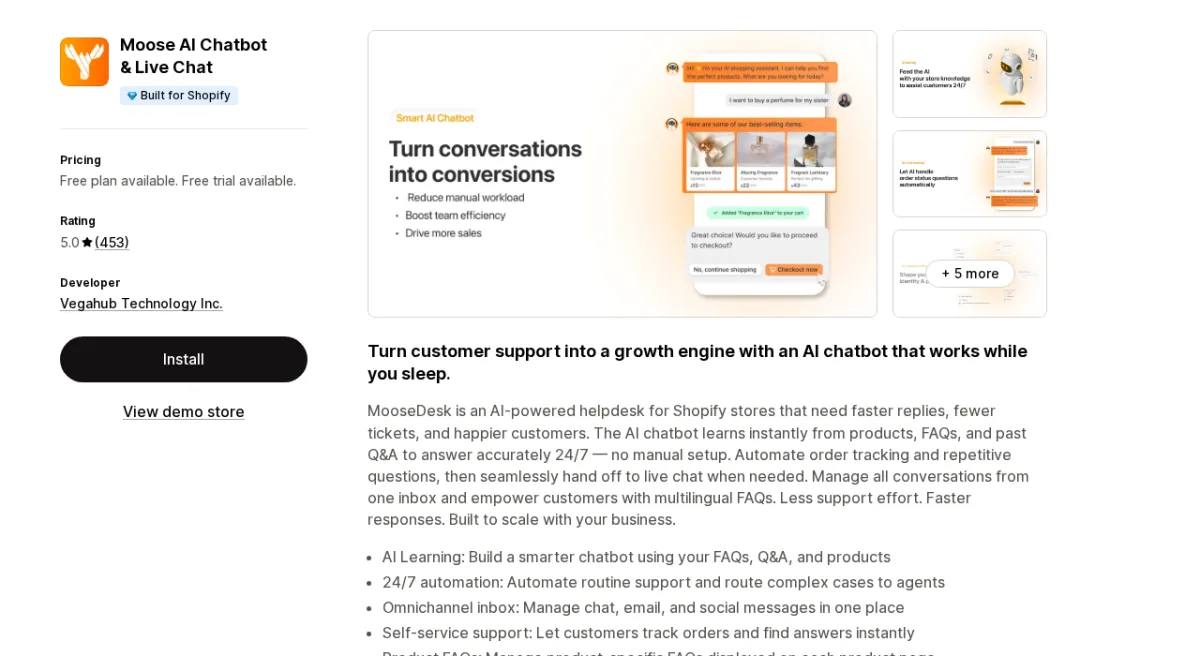Moose AI Chatbot & Live Chat app listing on Shopify App Store showing the app name, Built for Shopify badge, 5.0-star rating, and AI chatbot interface