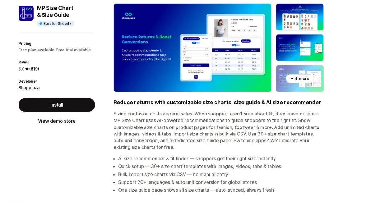 MP Size Chart and Size Guide Shopify App Store listing