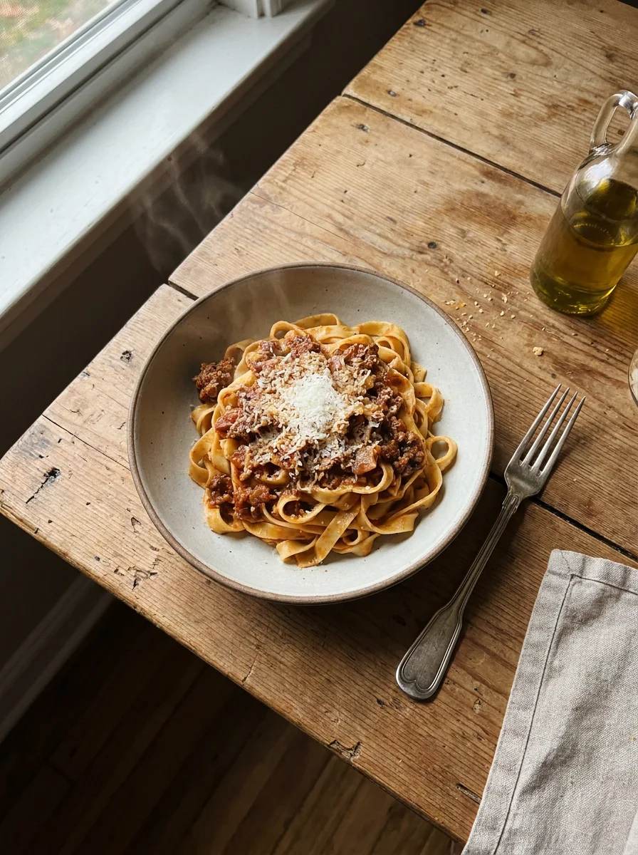An overhead phone photo of a bowl of pasta on a wooden table, lit by soft natural window light with gentle steam rising