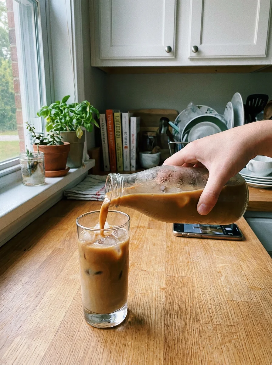 A hand pouring iced coffee from a glass bottle into a tall glass near a window, condensation visible on the glass in soft natural light