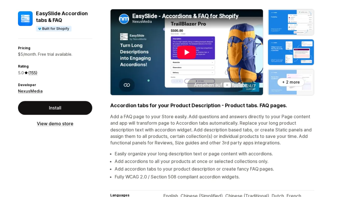 EasySlide Accordion tabs & FAQ app listing on Shopify App Store showing the app name, Built for Shopify badge, 5.0-star rating, and accordion interface