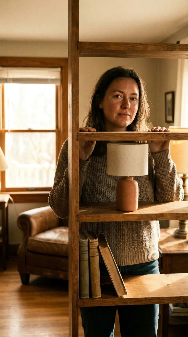 AI generated room mockup: the same terracotta lamp placed on an open wooden shelf in a lived-in living room, a woman resting her hands on the shelf above it