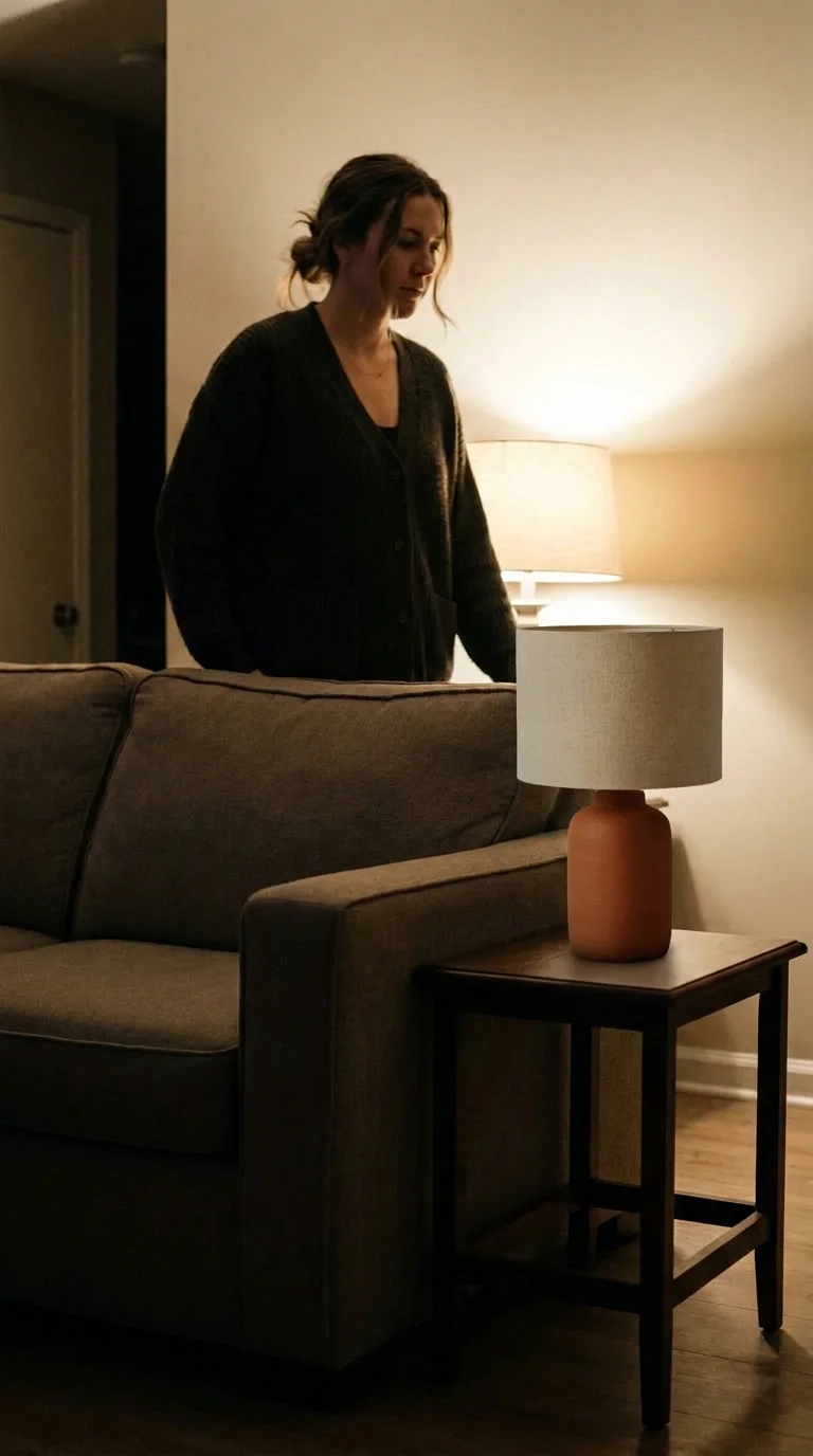 AI generated room mockup: the same terracotta lamp on a side table beside a sofa in a warm, lamp-lit evening room, a woman standing behind the sofa