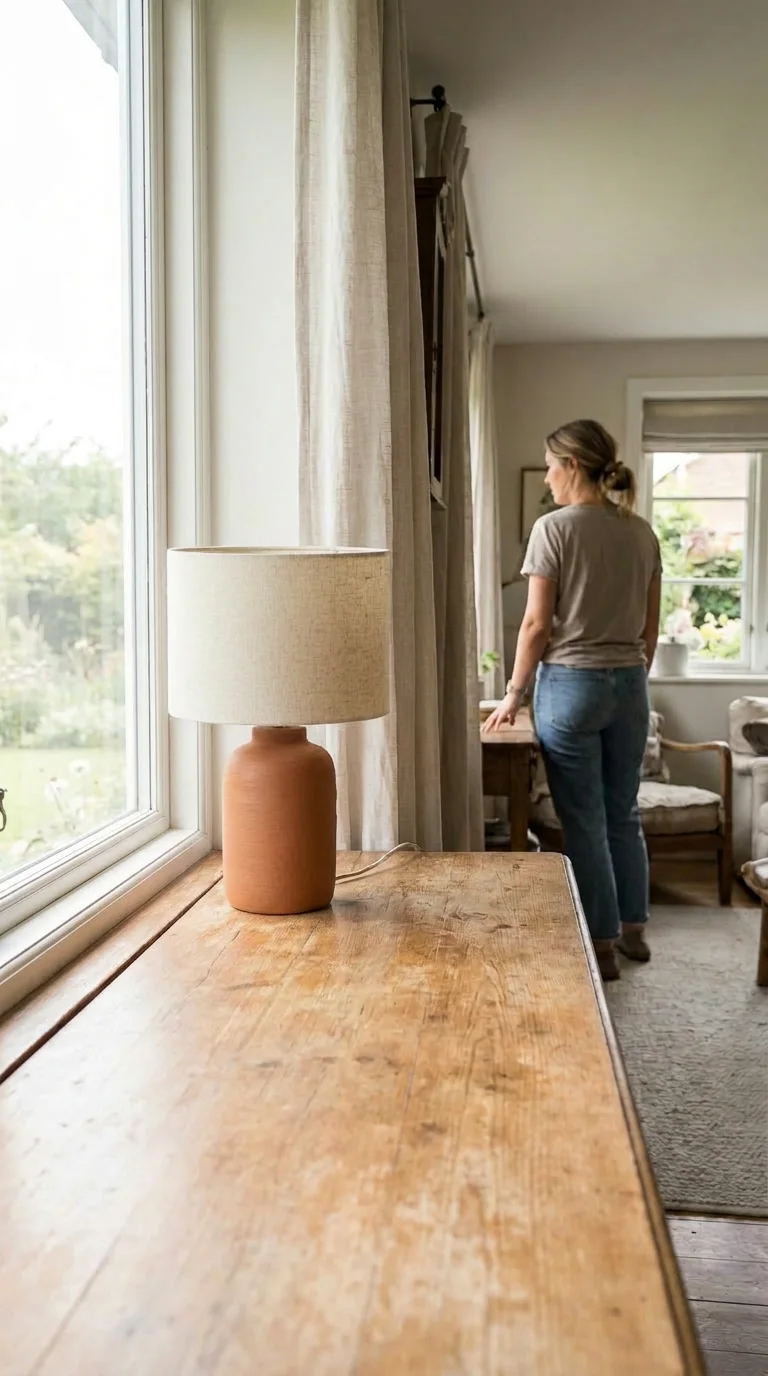 AI generated room mockup: the same terracotta lamp on a wooden windowsill table in soft daylight, with a woman visible further back in the room