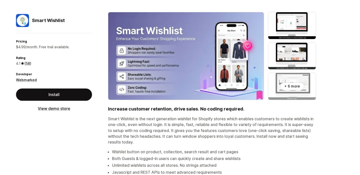 Smart Wishlist Shopify App Store listing screenshot