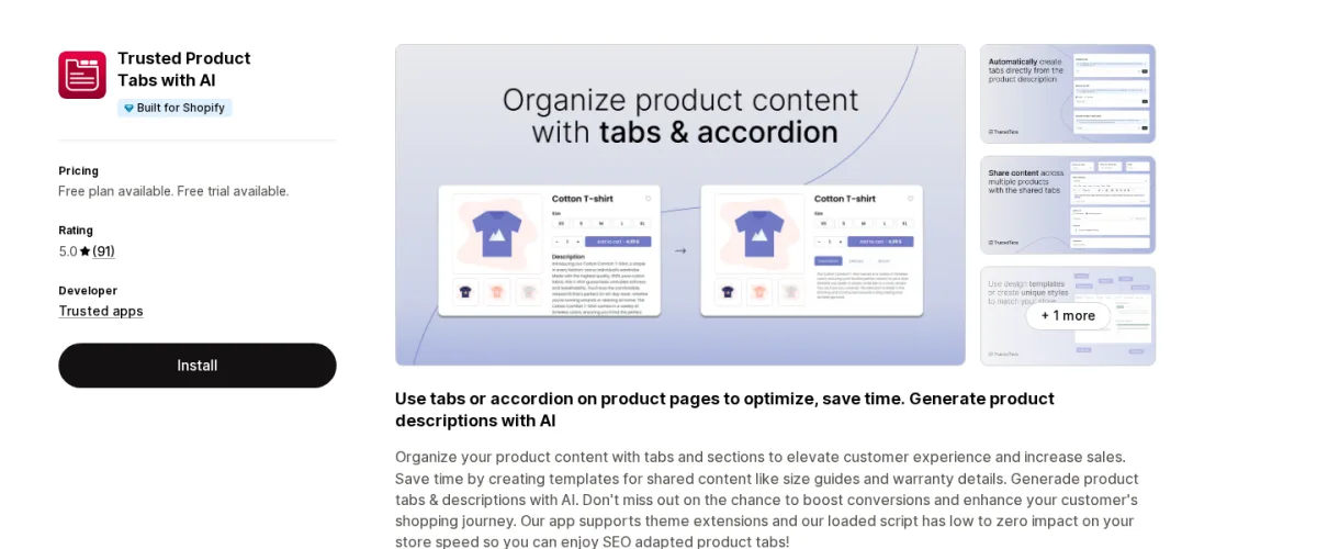 Trusted Product Tabs with AI Shopify App Store listing screenshot