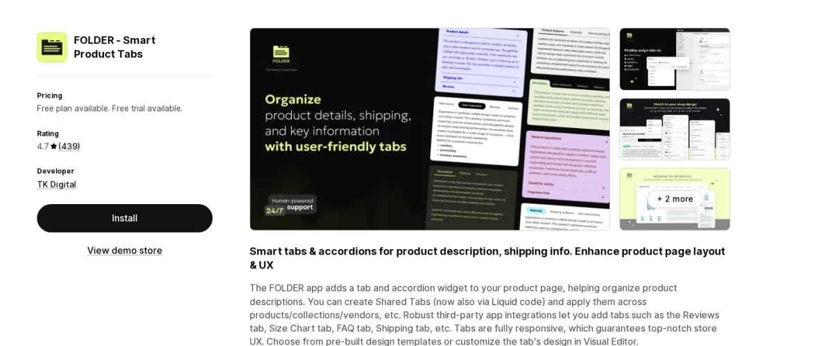FOLDER Smart Product Tabs Shopify App Store listing screenshot