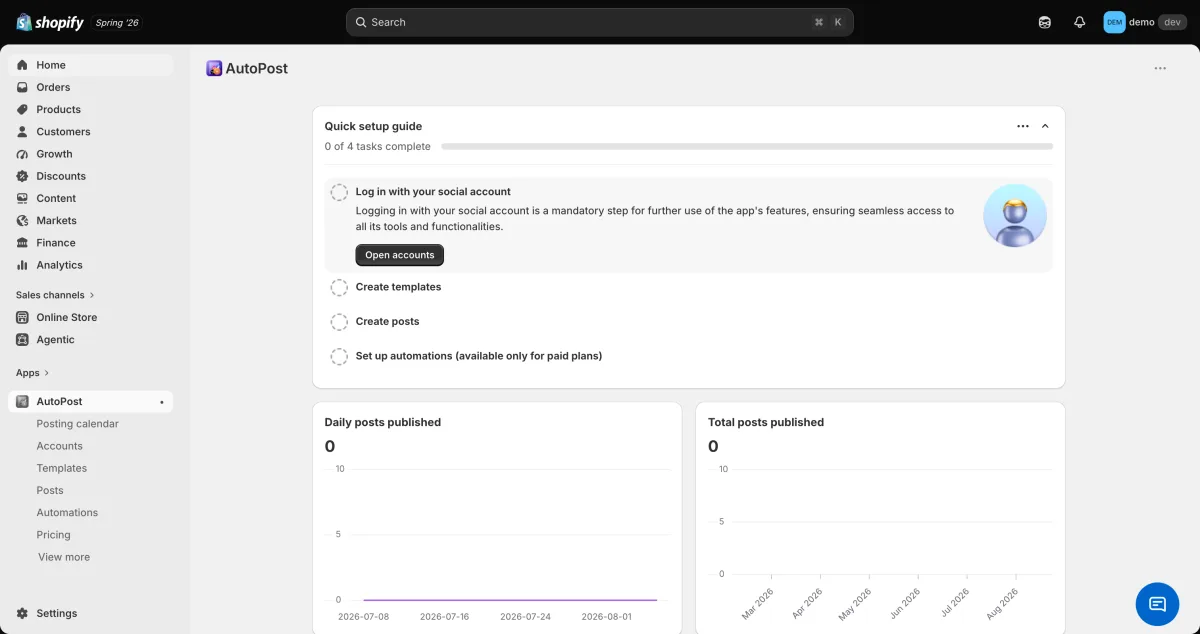 AutoPost AI dashboard showing the four-step quick-setup checklist on install