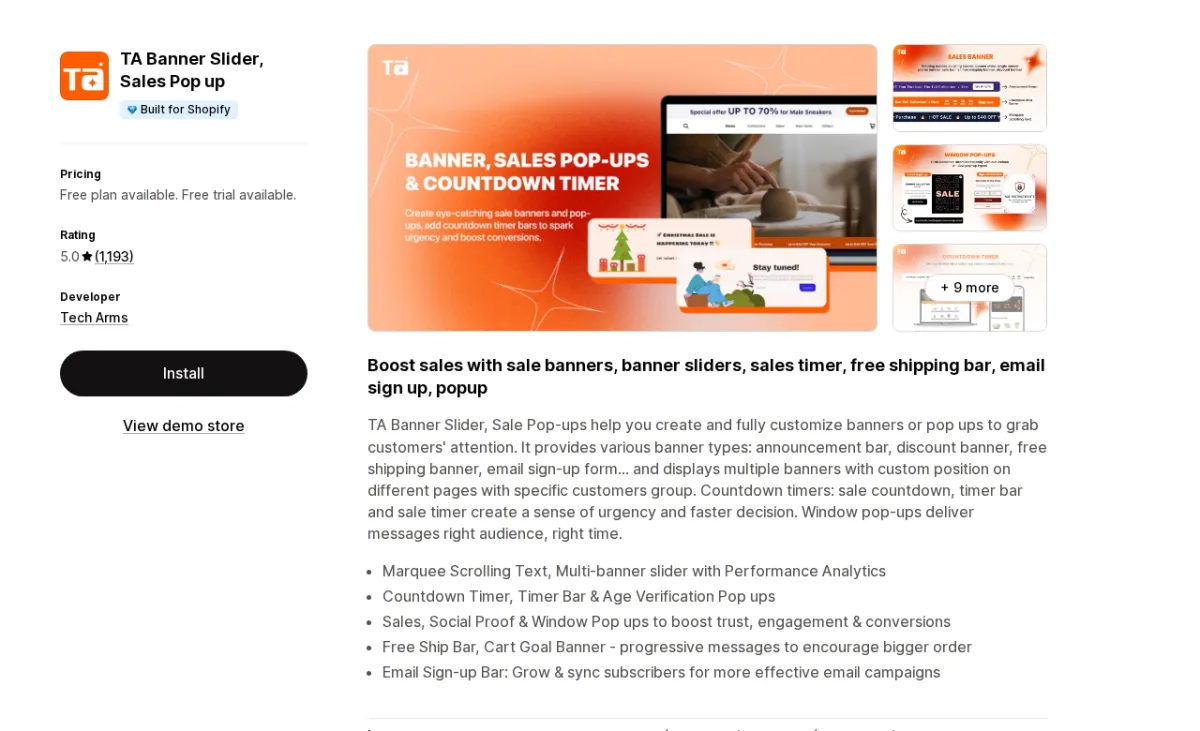 TA Banner Slider Sales Pop up app listing on Shopify App Store showing the Built for Shopify badge, 5.0-star rating from 1,193 reviews, and preview of banner and popup campaign types