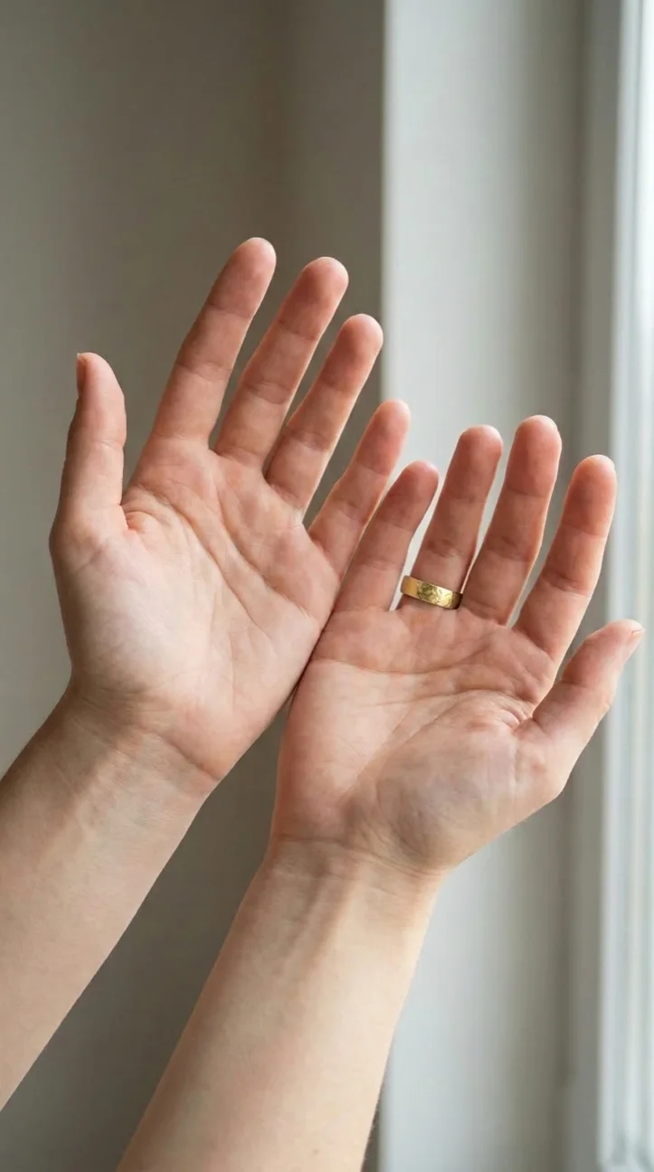 AI generated worn shot: the hammered gold band ring on a hand held up in soft window light