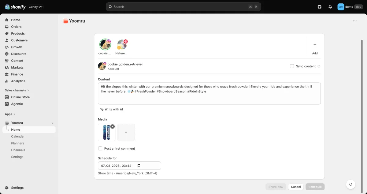 Yoomru media library showing synced Shopify product images available in the composer