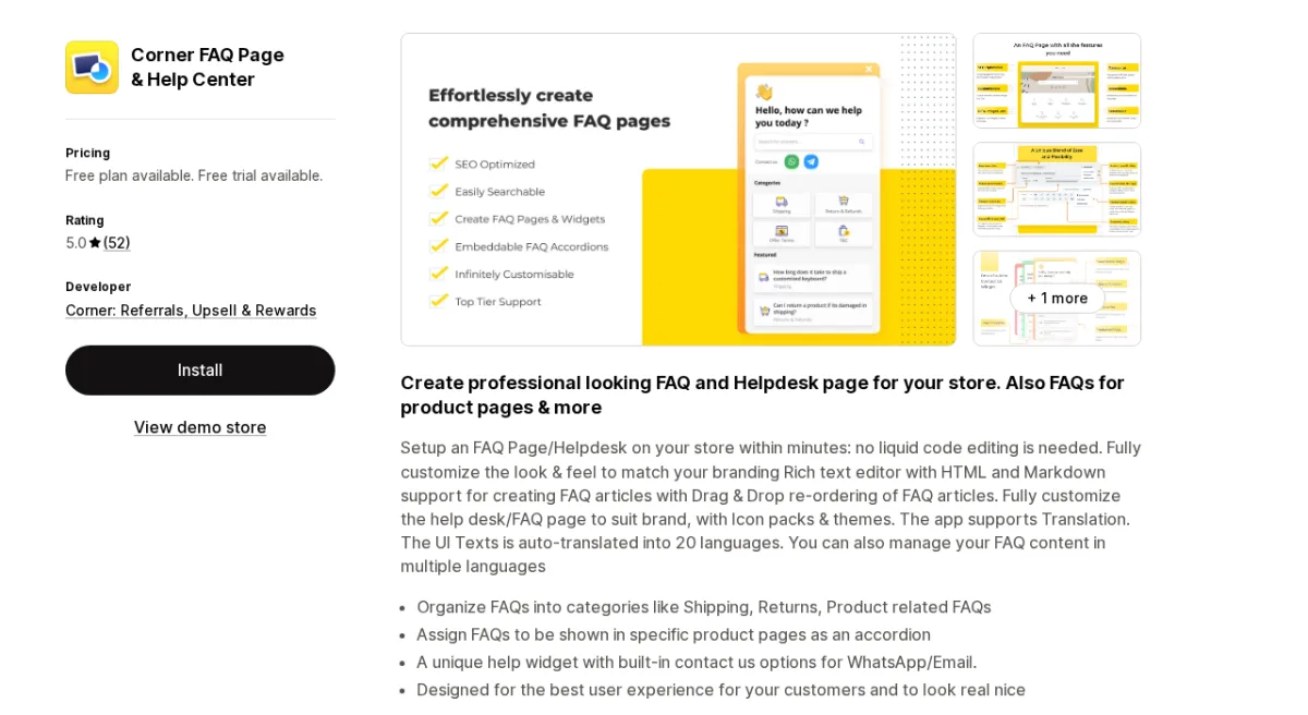 Corner FAQ Page & Help Center app listing on Shopify App Store showing the app name, 5.0-star rating, and FAQ page interface