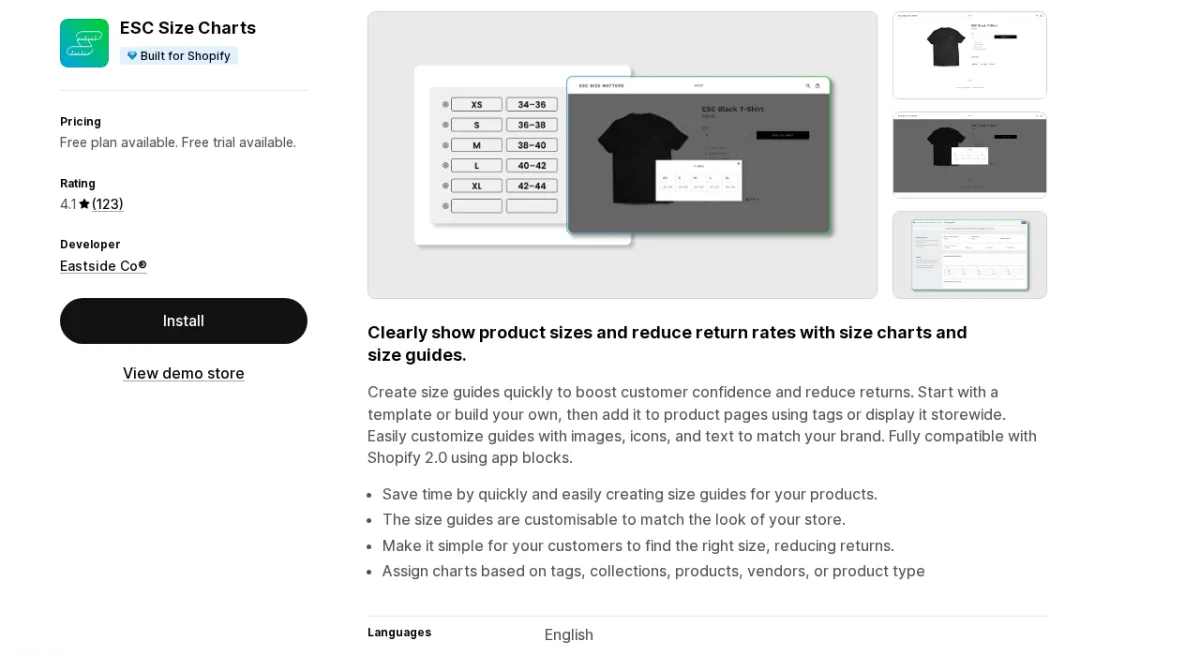 ESC Size Charts Shopify App Store listing