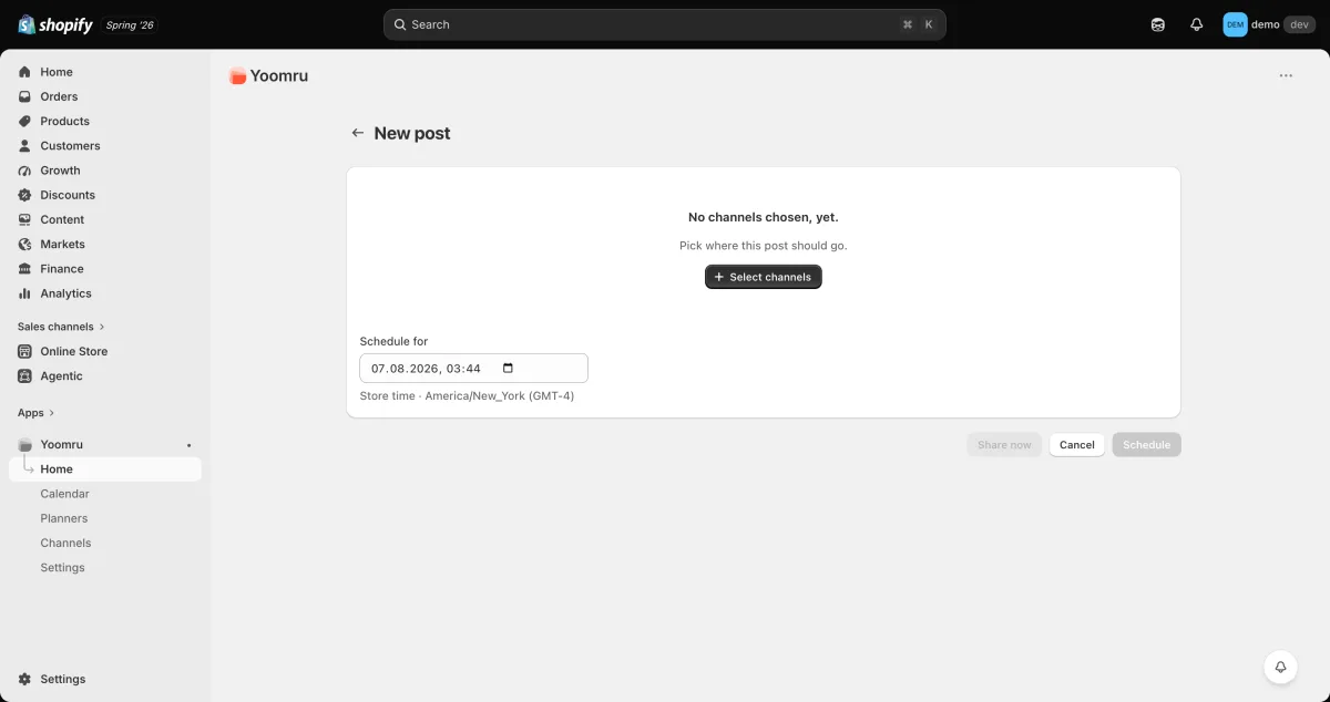 Yoomru post composer inside Shopify admin with product selected and channel picker visible