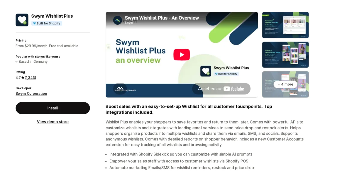 Swym Wishlist Plus Shopify App Store listing screenshot