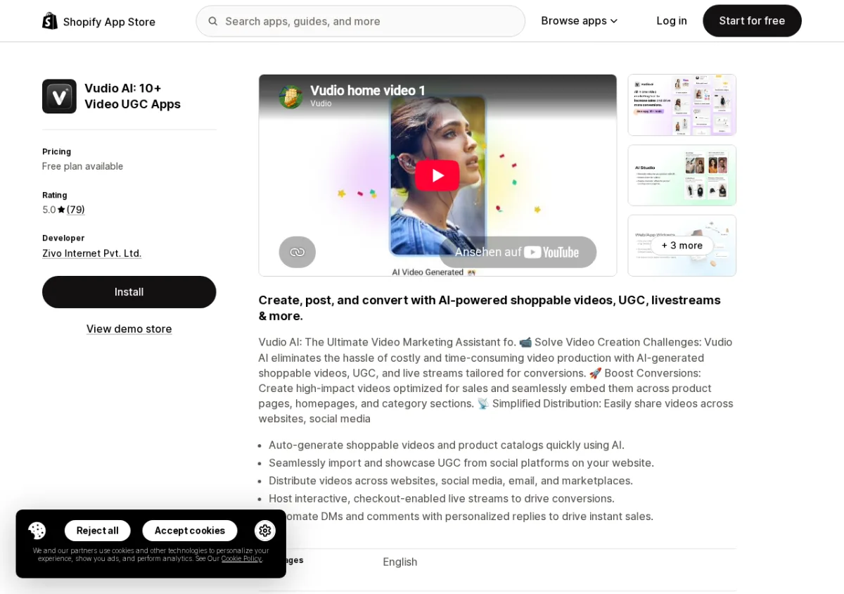 Vudio AI Shoppable Videos and Live on the Shopify App Store