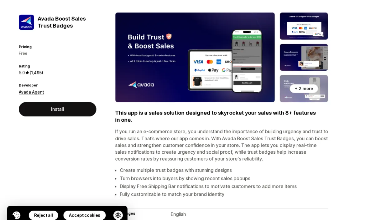 Avada Boost Sales Trust Badges app listing on Shopify App Store showing the app name, Built for Shopify badge, 5.0-star rating, and trust badge interface