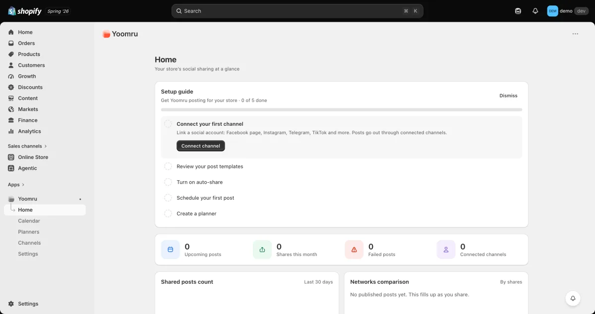 Yoomru main dashboard inside Shopify admin showing channels, recent activity, and navigation