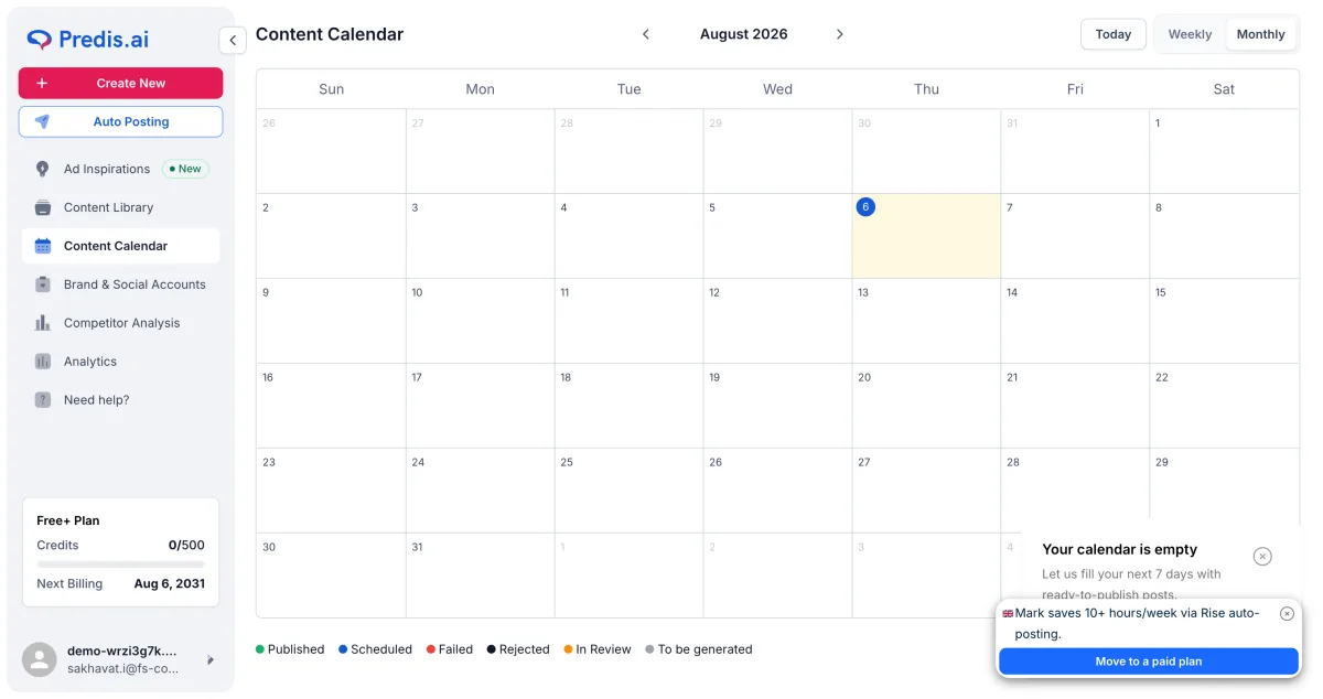 Predis.ai content calendar showing the day-by-day status view with approval workflow statuses