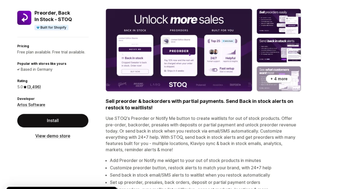 STOQ Preorder Back In Stock Shopify app listing