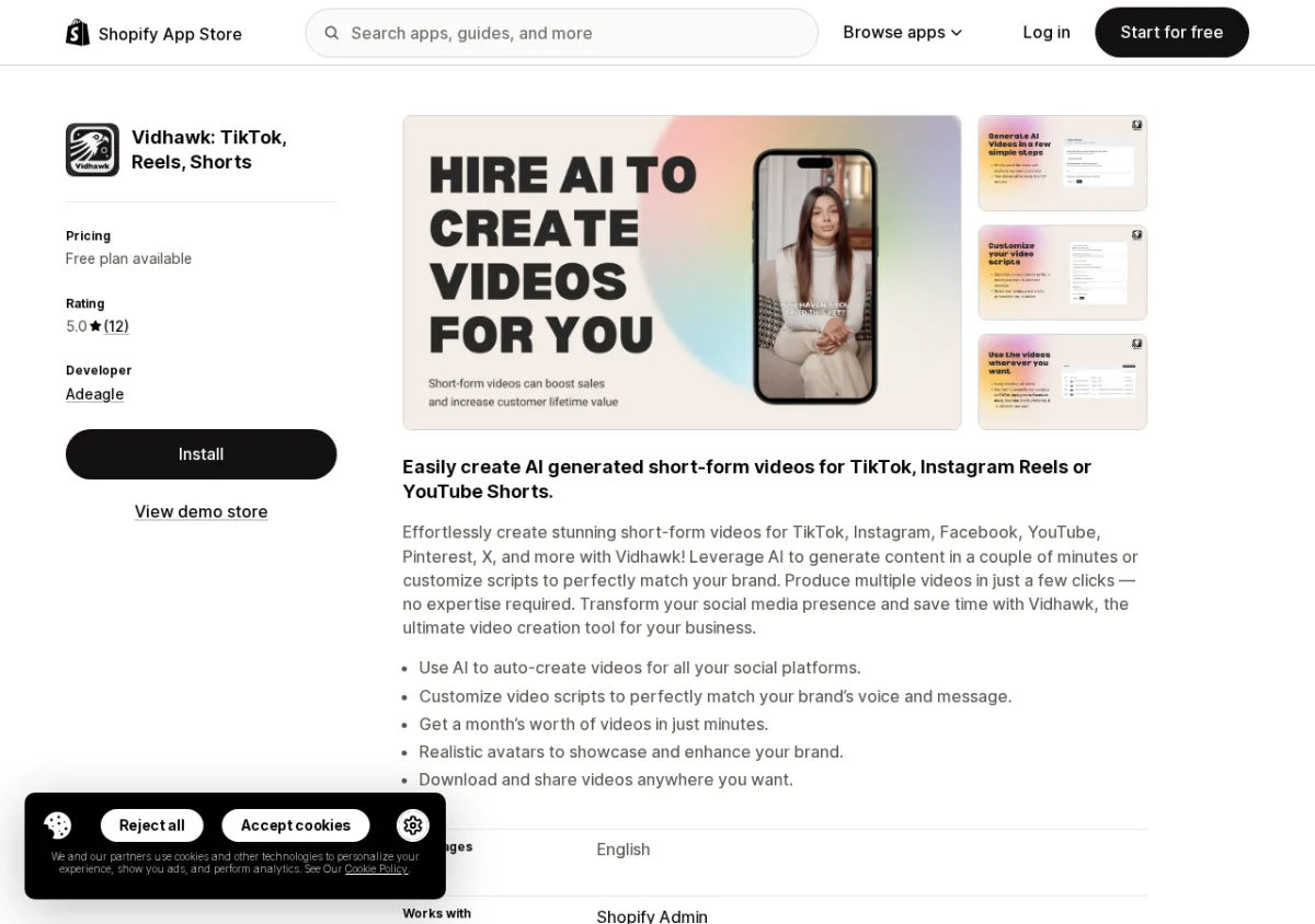 Vidhawk TikTok Reels Shorts on the Shopify App Store