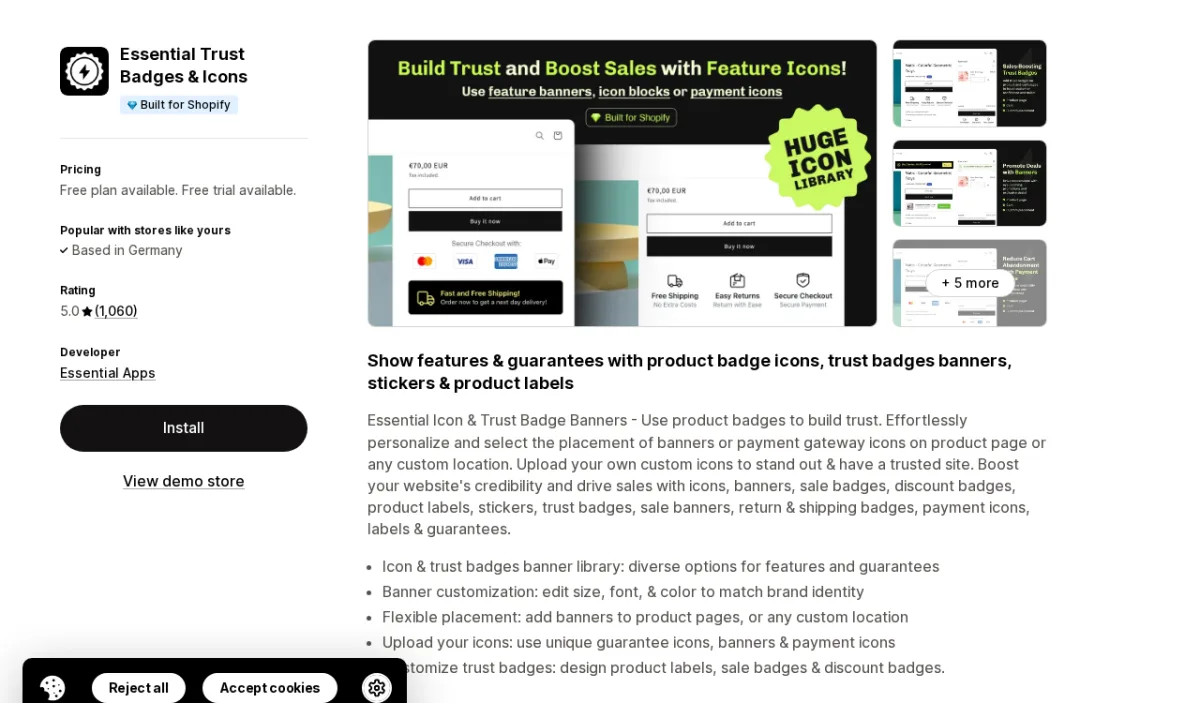 Essential Trust Badges & Icons app listing on Shopify App Store showing the app name, Built for Shopify badge, 5.0-star rating, and icon badge interface