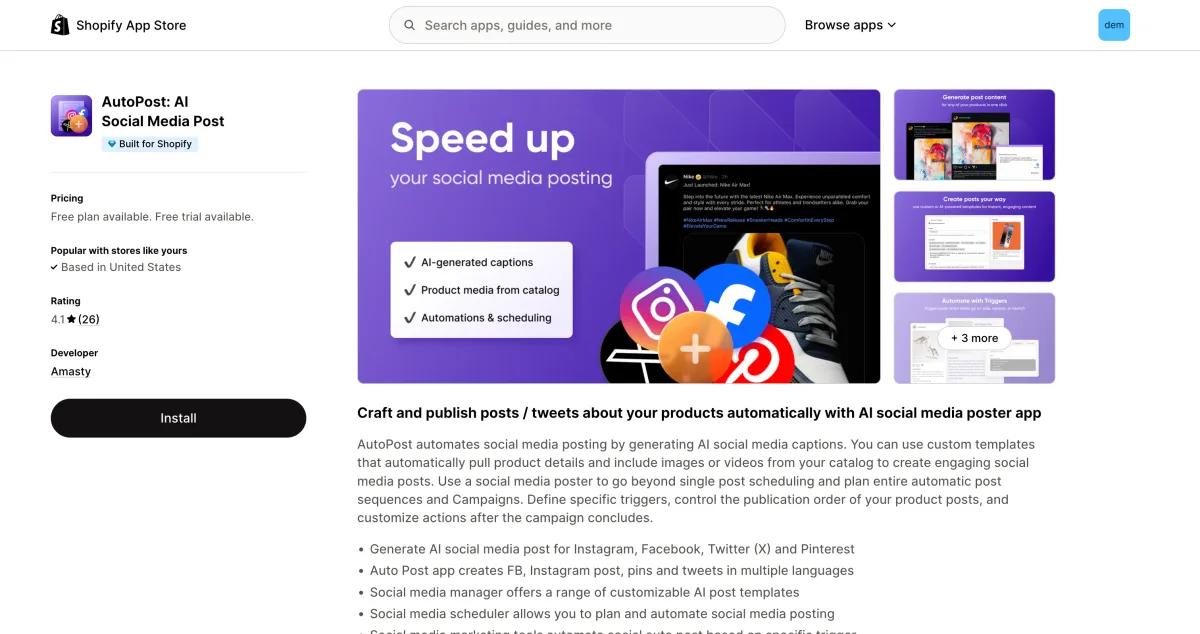 AutoPost AI Shopify App Store listing