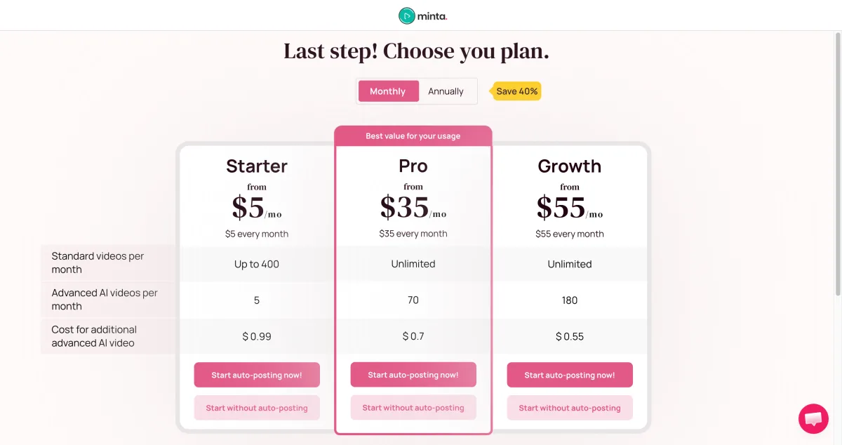 Minta Choose Your Plan paywall screen that appears as the final onboarding step with no bypass to a free dashboard