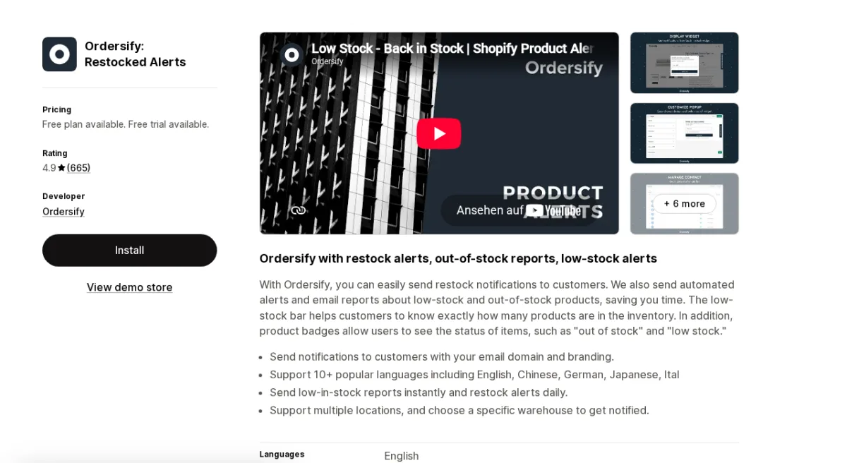 Ordersify Restocked Alerts Shopify app listing