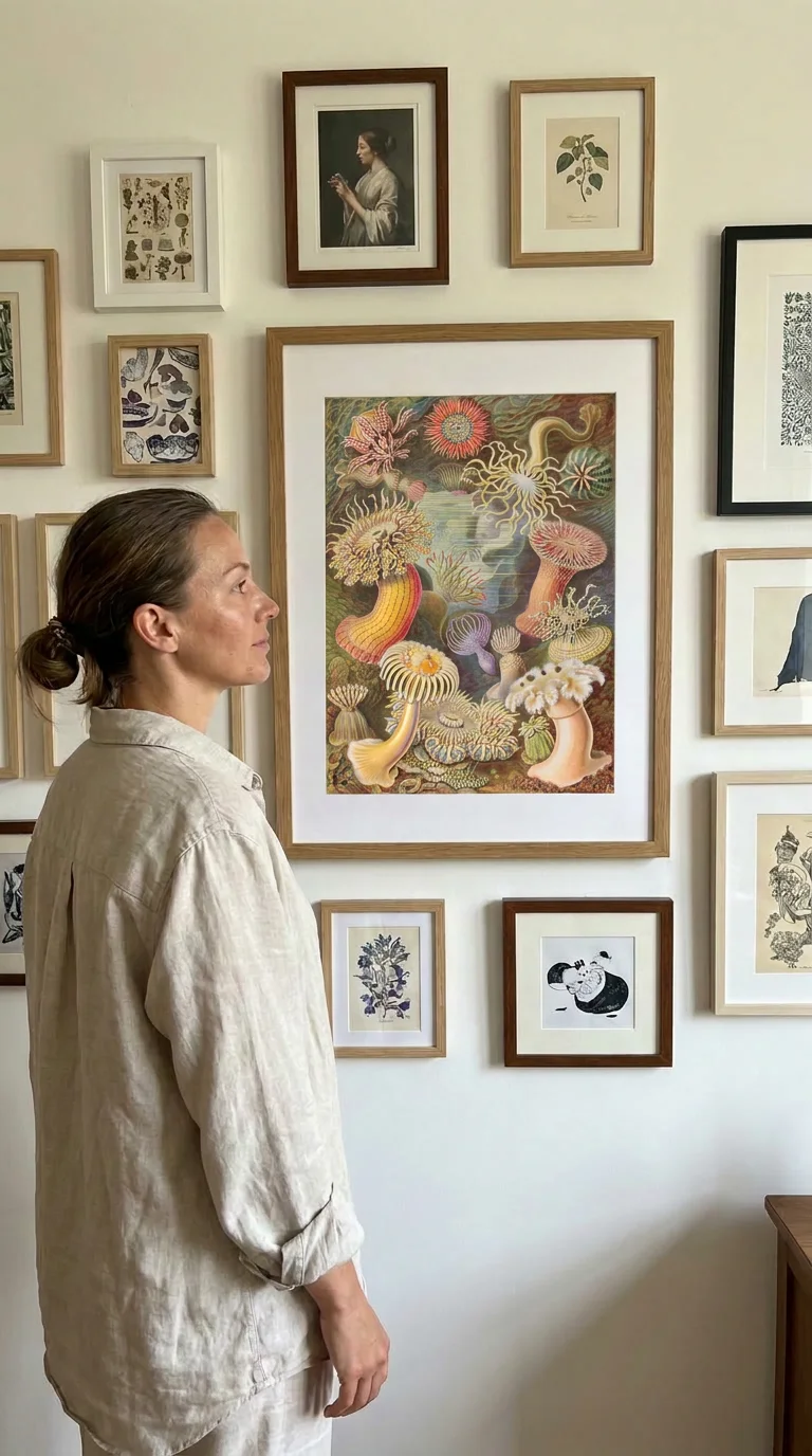 AI generated room mockup: the same sea anemone print in an oak frame at the centre of a gallery wall, with a woman in linen stepping back to look at it