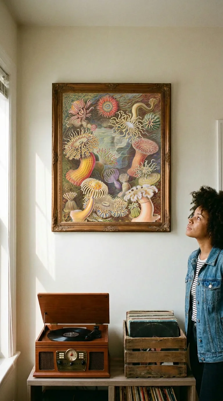 AI generated room mockup: the sea anemone print hangs in a gilt frame above a record player, with a woman in a denim jacket looking up at it