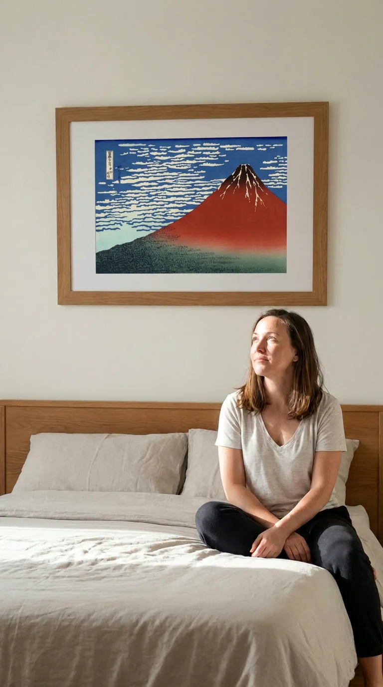 AI generated room mockup: Hokusai's Red Fuji print in a wide oak frame above a bed, with a woman sitting cross-legged on the duvet below it