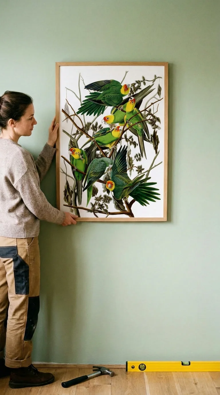 AI generated room mockup: a woman in work trousers holds the framed Carolina Parrot print flat against a pale green wall, with a hammer and a spirit level on the floor beside her