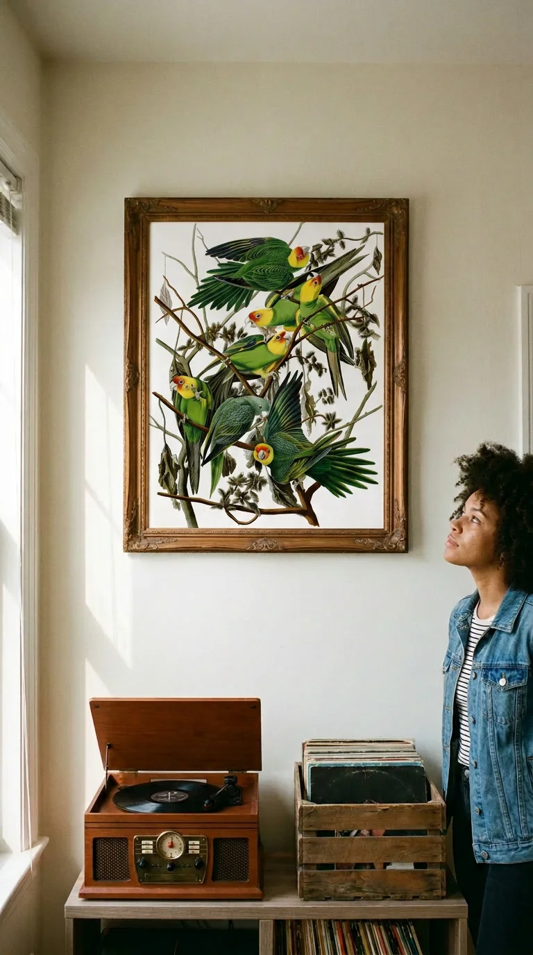 AI generated room mockup: the Carolina Parrot print in a gilt frame above a record player, with a woman in a denim jacket looking up at it