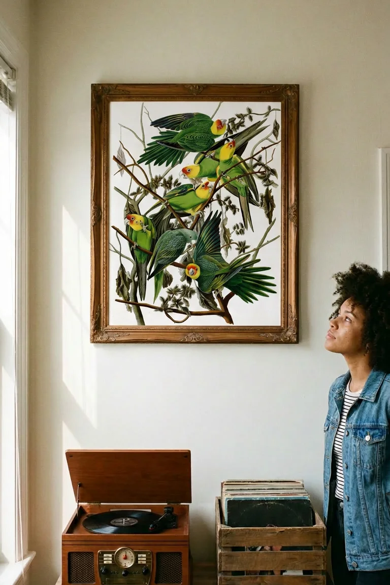 A 2:3 Pinterest pin crop of a room mockup: a framed bird print in a gilt frame above a record player, with a woman looking up at it