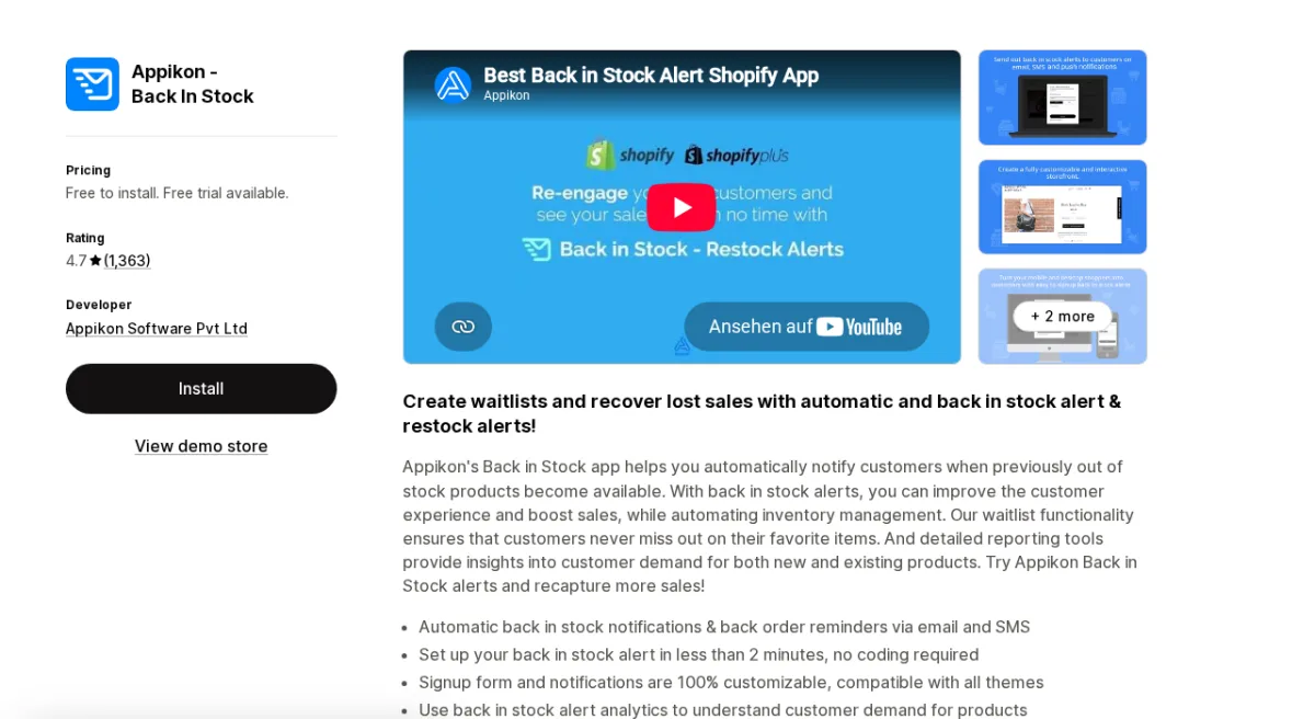 Appikon Back In Stock Shopify app listing