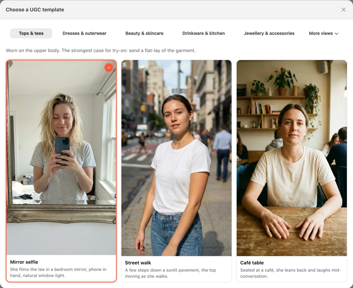 The Yoomru template picker open on the Tops and tees category, showing three clothing scenes: a mirror selfie, a street walk and a cafe table